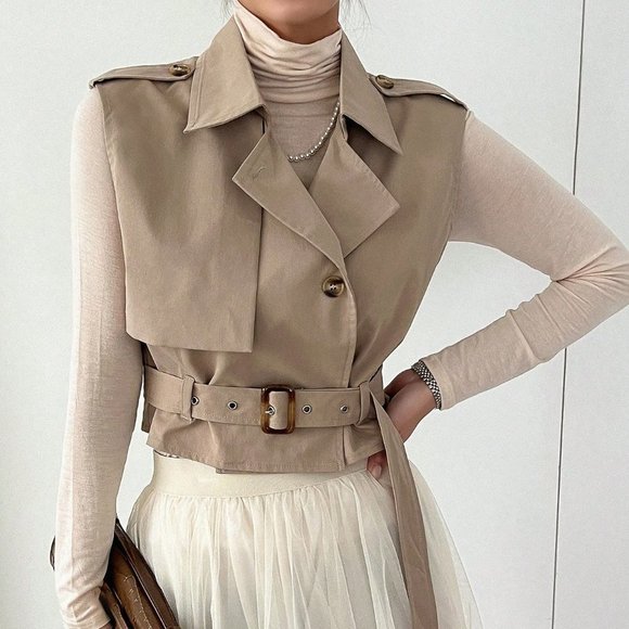 . Jackets & Blazers - Khaki Casual Womens Lapel Neck Belted Vest Jacket